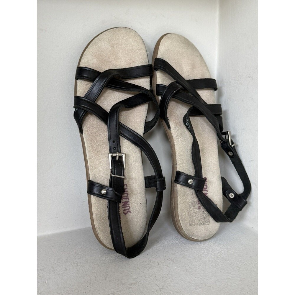 GH Bass Sunjuns Margie Black Women's Leather Flat Sandals 9 M Minimalist Comfort